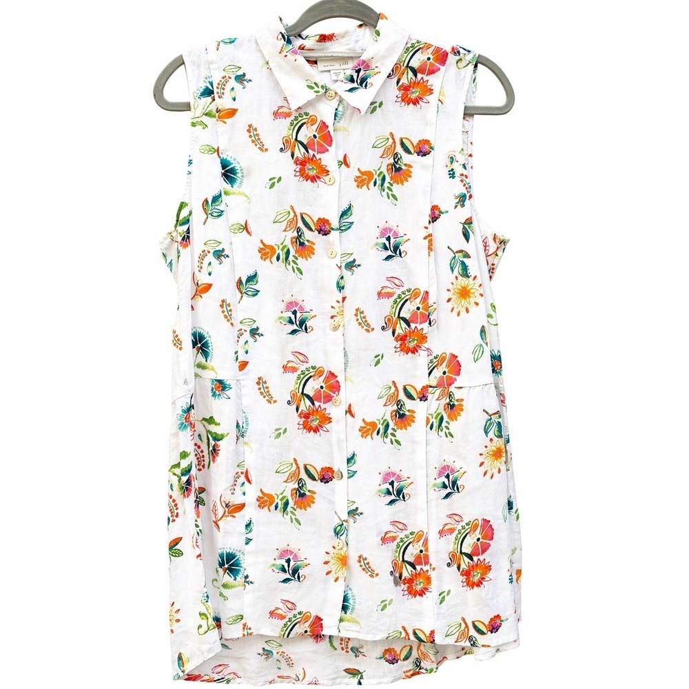 J. Jill Womens Medium Dress White Floral Love Linen Sleeveless Button Down Beach